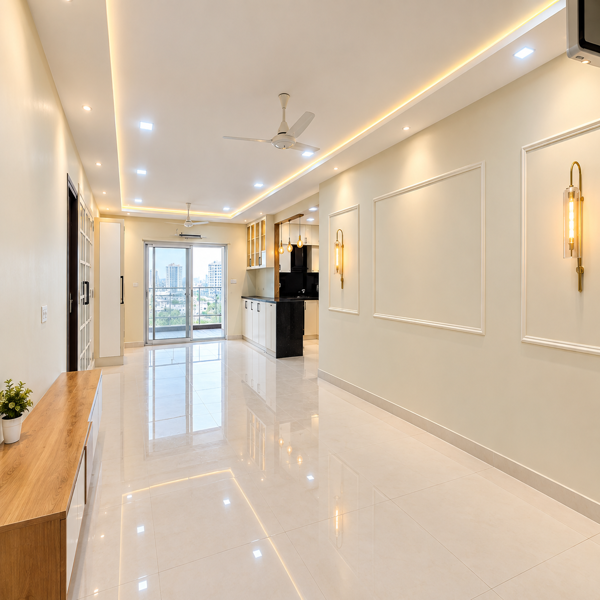 Modern apartment interior, luxury living room, contemporary home, spacious living area, elegant interiors, premium apartment, modern wall paneling, glossy floor tiles, false ceiling, LED ceiling lights, warm lighting, decorative wall molding, minimalist interior, luxury home design, open living space, bright living room, modern residential interior, stylish apartment, sophisticated home, clean interior design, polished flooring, ceiling fan, large windows, balcony view, urban apartment, premium flooring, elegant wall decor, neutral color interior, modern architecture, spacious home, contemporary living space, upscale apartment, beautiful home interior, residential property, luxury real estate, modern Indian home, stylish living area, natural light, indoor elegance, refined interior, modern ceiling design, illuminated ceiling, clean spacious room, premium property interior, elegant apartment design, comfortable living space, high-end home, contemporary decor, modern lifestyle, luxury residence.